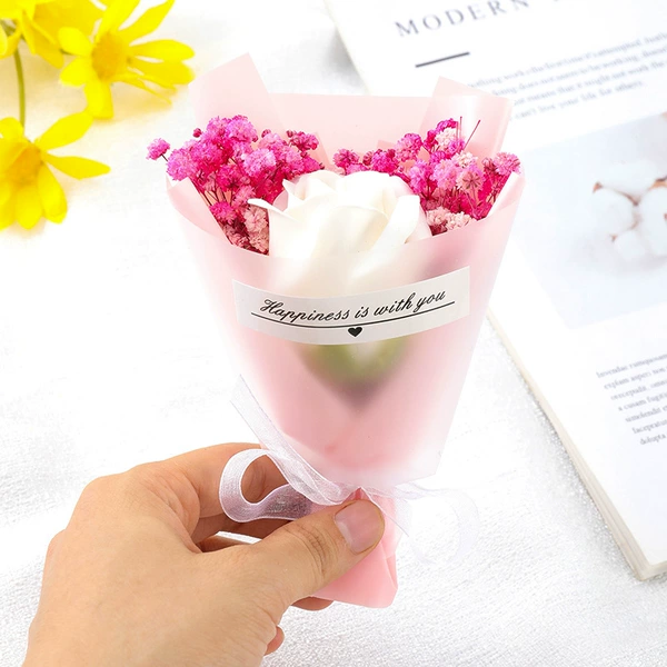 White rose soap flower + pink baby's breath + pink paper + foggy paper