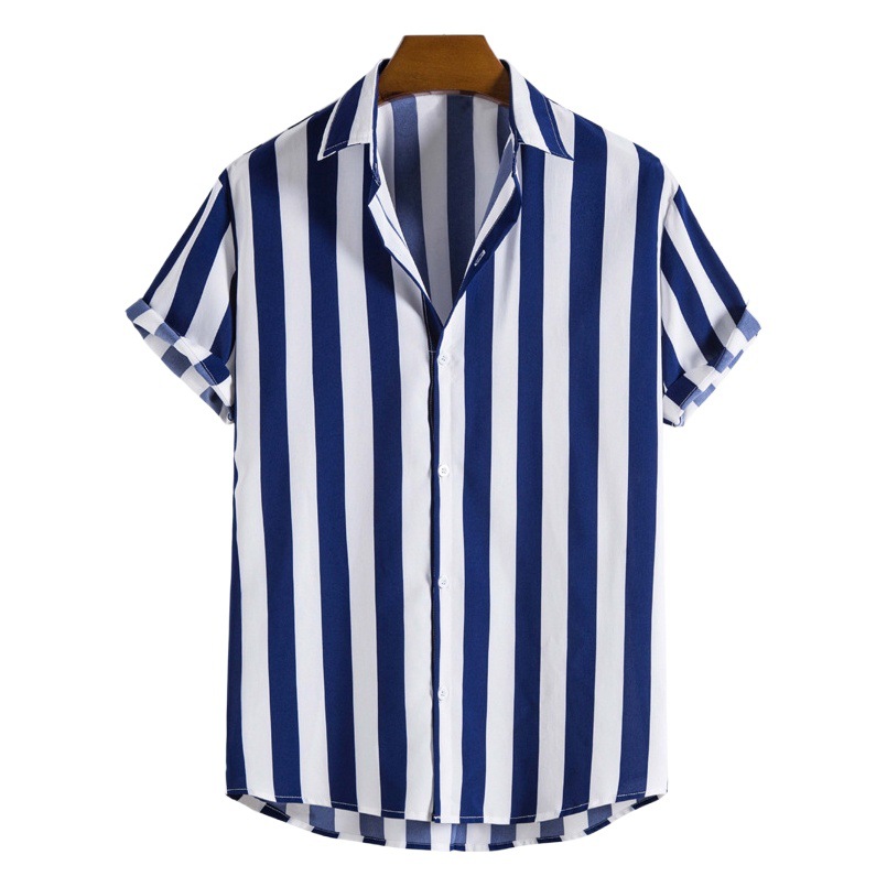 2023 Comercio Exterior ropa de hombre primavera y verano nuevos hombres de impresión digital a rayas solapa hawaiana delgada camisa de manga corta hombres