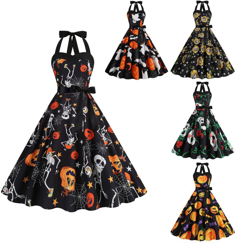 20.24million Halloween Dress up Women's Retro Hepburn Dress Sexy Strap Halter Wrapped Chest Print Large Swing Skirt 20.24million Halloween Dress up Women's Retro Hepburn Dress Sexy Strap Halter Wrapped Chest Print Large Swing Skirt