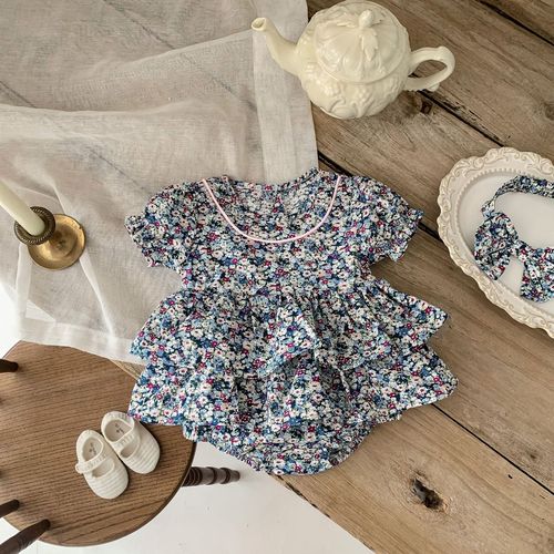 ins summer style infant and children one-piece clothes for baby girl small floral short-sleeved romper with hair tie