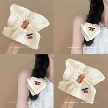 樱桃布艺白色方巾大肠发圈女韩系高级感丸子头超大慵懒风头绳发饰