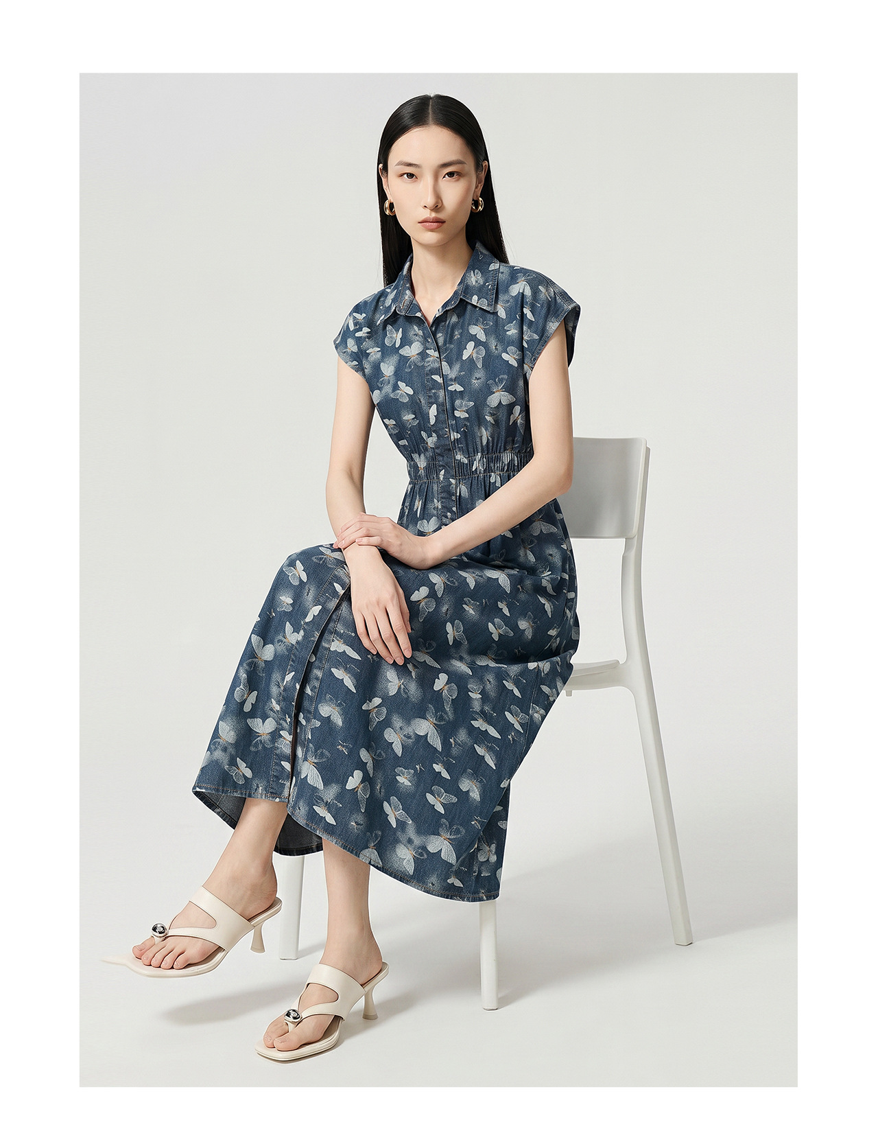 Đầm maxi nữ in họa tiết hoa bướm chất denim nhẹ thắt eo — Cao bồi xanh chi tiết 12