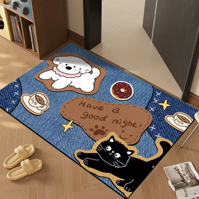 Door Mat, Anti-Slip, Water-Absorbent Foot Mat, Avtomobil döşəmə paspasları - denim-pattern-black-cat-coffee-80x-100cm-rubber-bottom