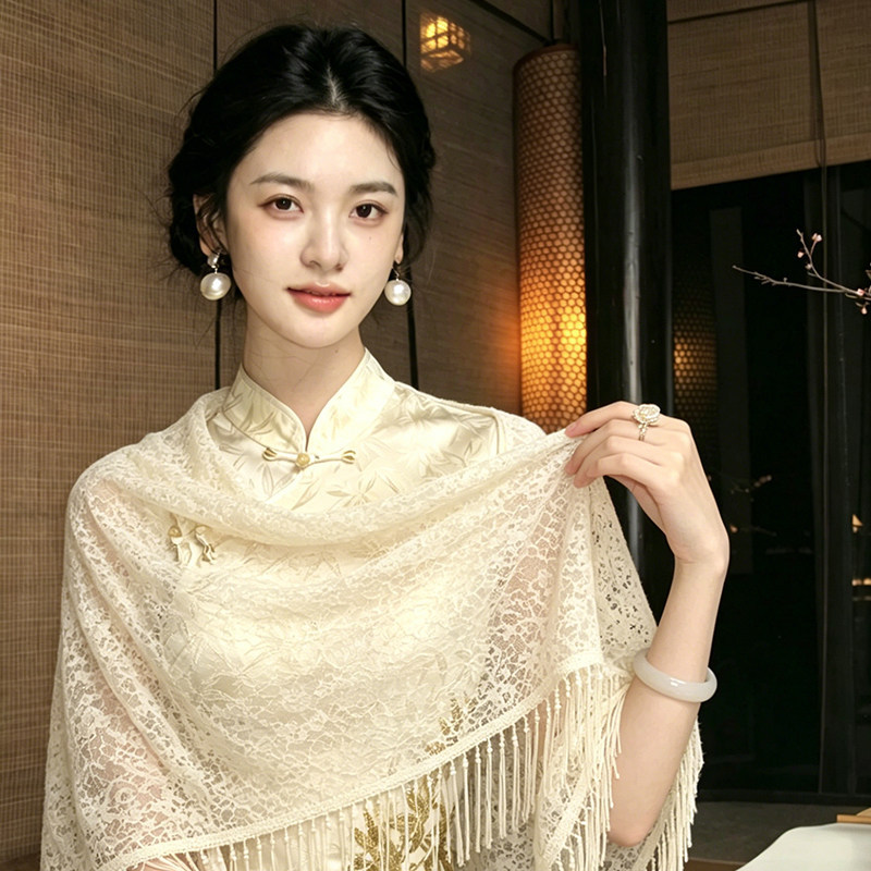 Off-White Cheongsam Shawl for Women, 2026 New High-Quality New Chinese Style Pearl Tassel Cape Knit Cardigan