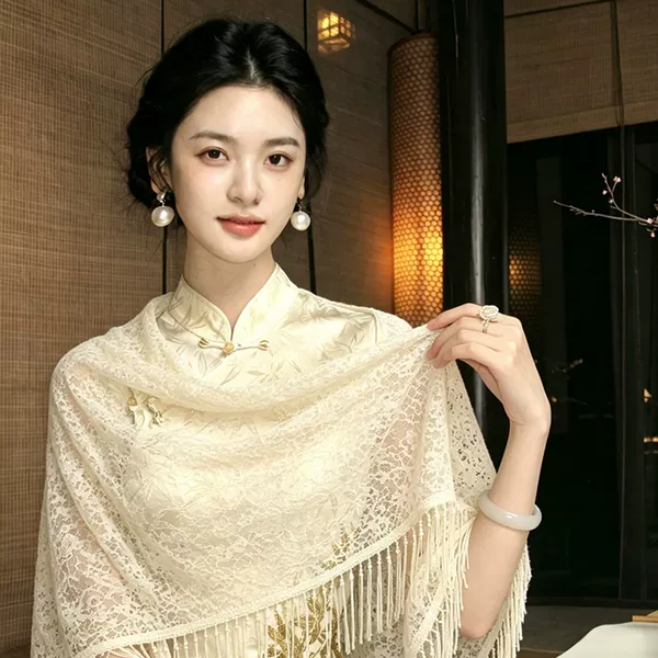 Off-White Cheongsam Shawl for Women, 2026 New High-Quality New Chinese Style Pearl Tassel Cape Knit Cardigan