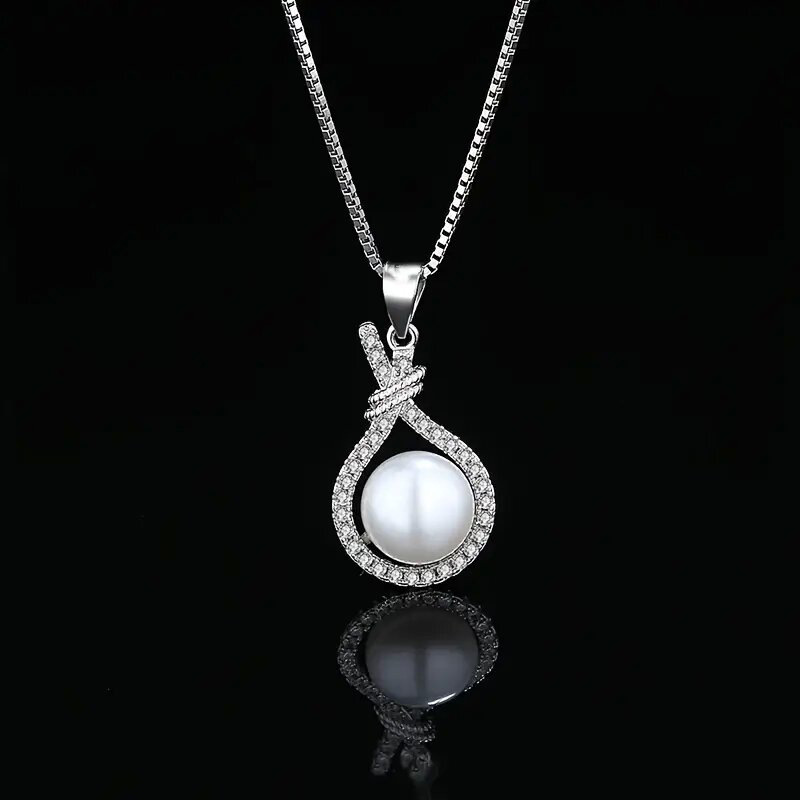 Collier pendentif perle avec zircon et finition or blanc_voghion.com