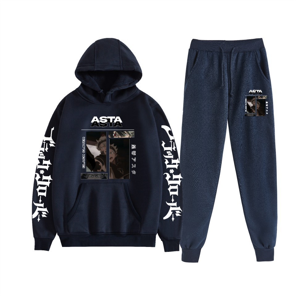 Traje de suéter con capucha suelto de dos piezas de trébol de cuatro hojas negro para hombres y mujeres con estampado de letras nuevas transfronterizas