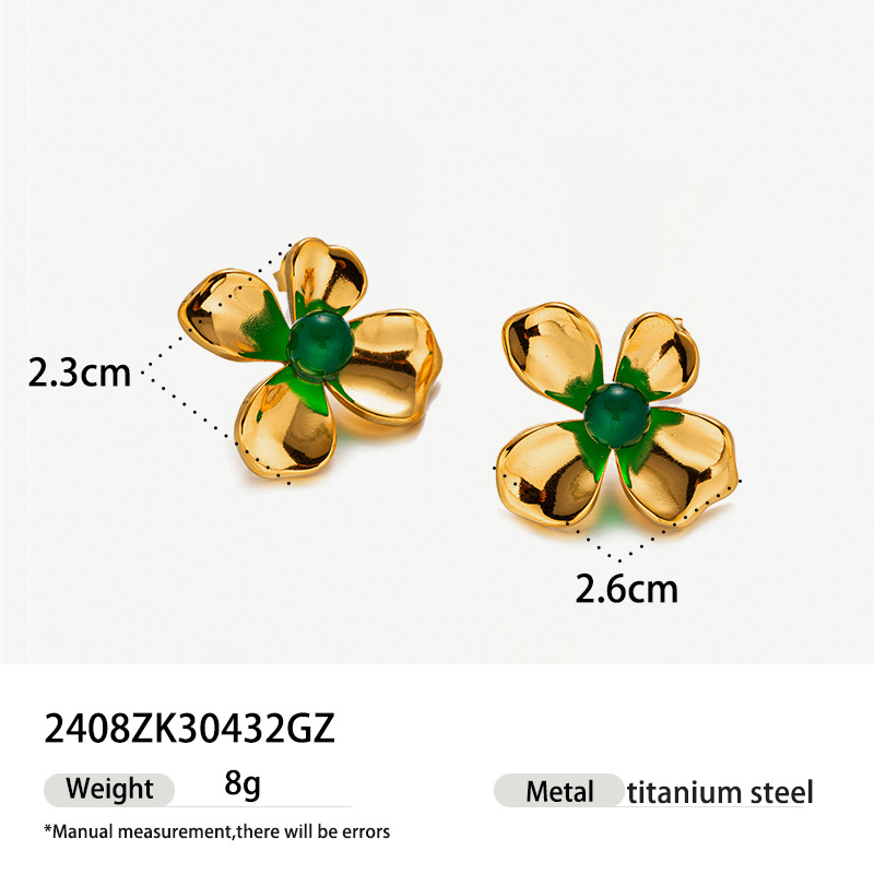 Tina transfronteriza inswind orejetas de acero inoxidable chapado 18K oro sol piedra natural delicada flores de orejetas versátiles