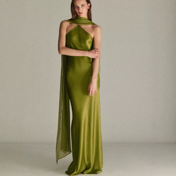 Independent website cross-border European and American women's clothing satin ribbon halter neck sleeveless slim backless elegant long dress 26017 Independent website cross-border European and American women's clothing satin ribbon halter neck sleeveless slim backless elegant long dress 26017