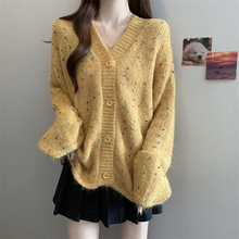 秋季欧货新款时尚韩版复古慵懒风亮片毛球V领软糯宽松针织开衫女