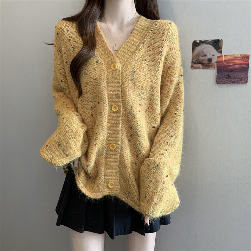 秋季欧货新款时尚韩版复古慵懒风亮片毛球V领软糯宽松针织开衫女
