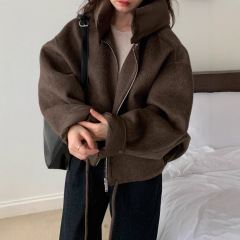 韩国chic秋冬小众设计感宽松休闲百搭可拆卸拼接连帽毛呢短外套女