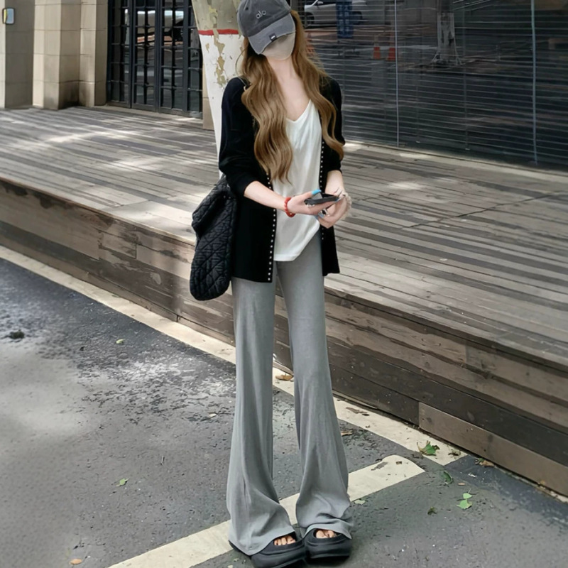 Gray Flared Casual Pants for Women, Petite Size, 2026 New Style, Slim Fit, Wide-Leg, Slimming, Fitness Yoga Sports Casual Pants