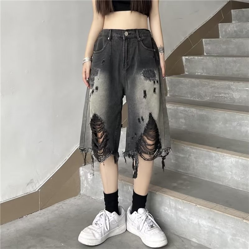 Washed Black Grey Ripped Denim Shorts Men's Summer American Retro High Street Vibe Pants Pants Pants