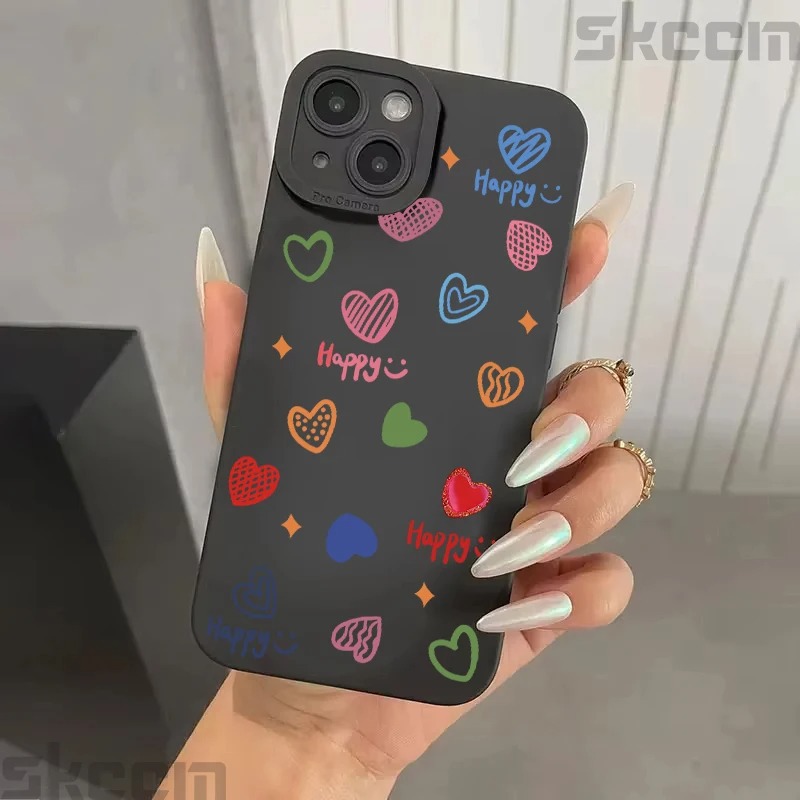 iPhone 15 Pro Max, Apple 14, 13, 12, 11 uyumlu renkli kalp desenli şık ve yaratıcı telefon kılıfı