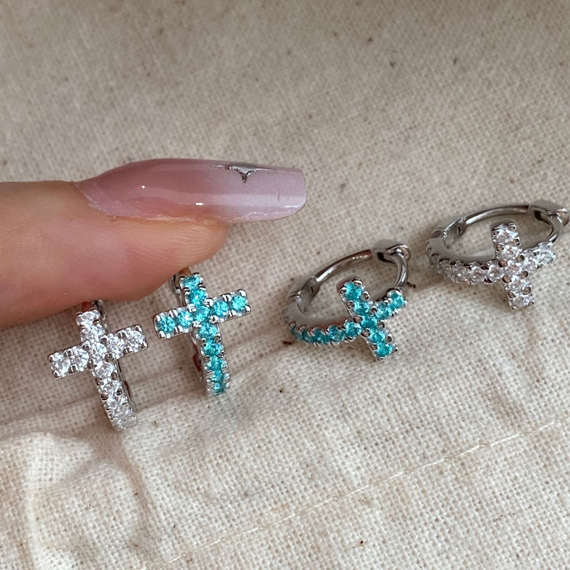 Simple cross-shaped diamond hoop earrings, 925 silver with high-carbon diamonds, Paraiba earrings, high-end jewelry for women