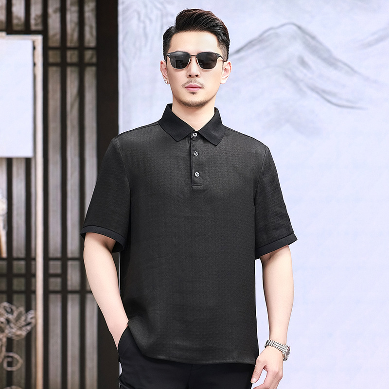 Áo polo nam tay ngắn lụa tơ tằm Xiangyunsha thoáng khí — Màu đen 2968