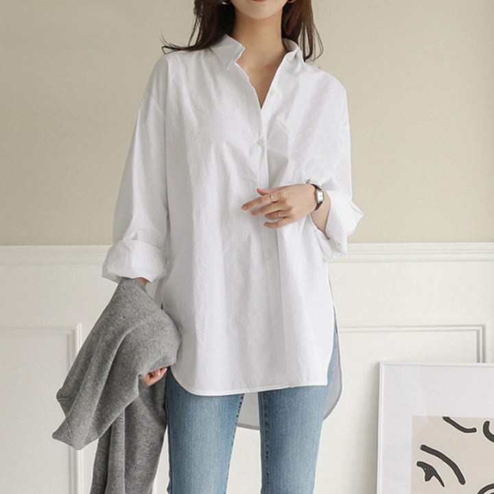 Cross-Border 2026 Women's Solid Color Autumn New Style Fresh Long-Sleeve Top with a Design Sense, Slit, Plus-Size Loose Shirt