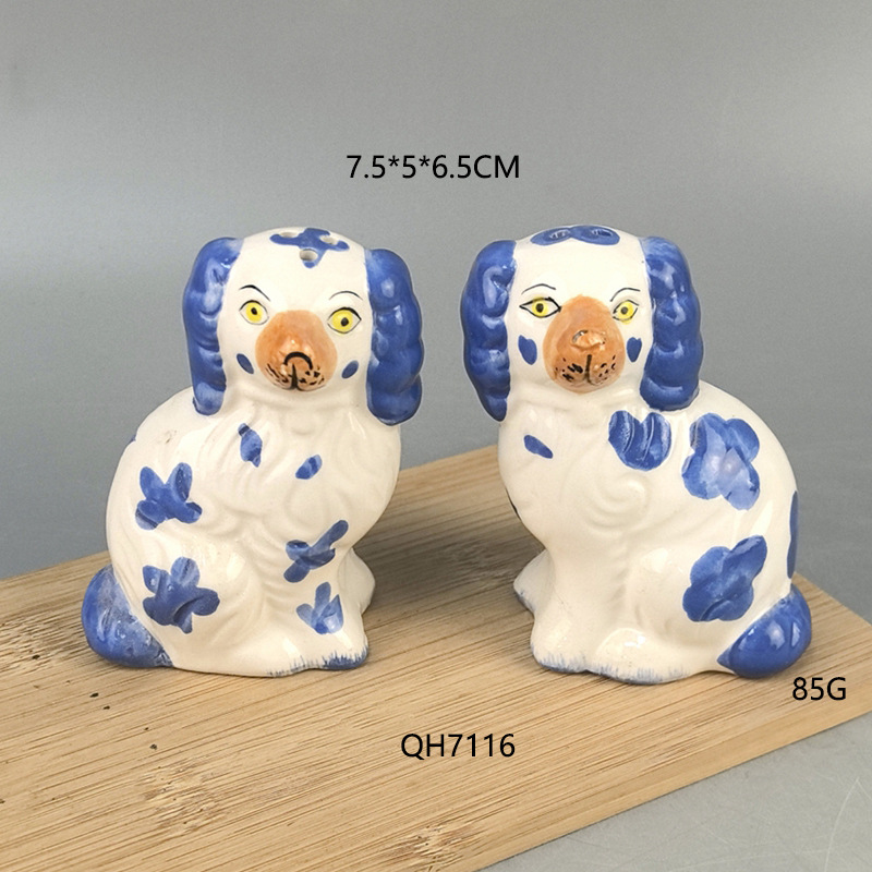Pimienta de cachorro manchada pintada de cerámica, olla de sal y pimienta, olla de condimento, botella de condimento de cachorro con forma de animal de dibujos animados