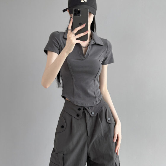 POLO American-style Spice Girl Style Cotton Shoulder Short-sleeved T-shirt Women's Short Lar Fishbone Tight Waist Slimming Top Ins
