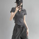POLO American-style Spice Girl Style Cotton Shoulder Short-sleeved T-shirt Women's Short Lar Fishbone Tight Waist Slimming Top Ins