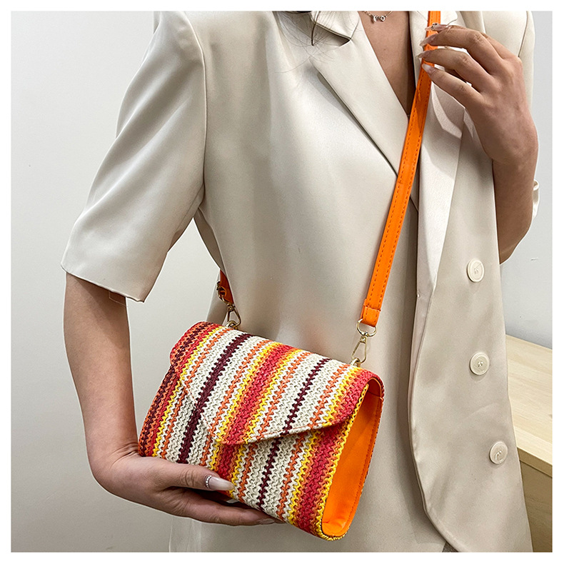 Stripe Pattern Women's Straw Stripe Ethnic Style Classic Style Weave Square Magnetic Buckle Straw Bag