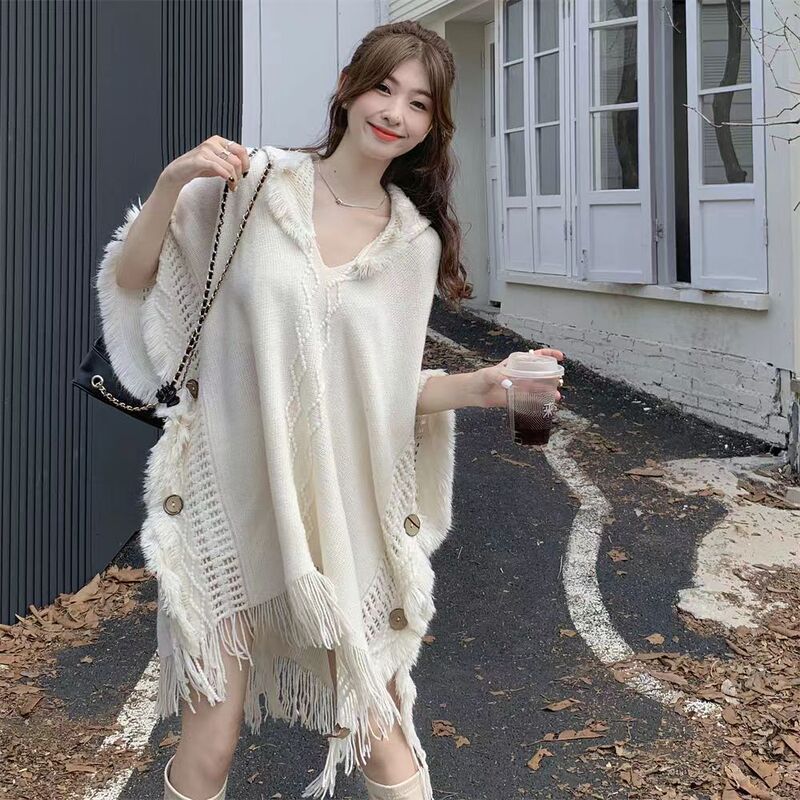 Bohemian Ethnic Style Hooded Cape Shawl Women's Autumn and Winter Tassel Outwear Pullover Cardigan Knitted Scarf