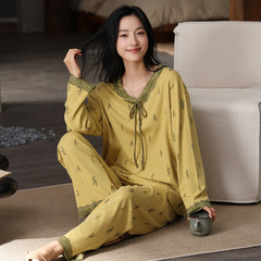纯棉睡衣女秋冬季新款宽松可外穿长袖长裤圆领套头外穿家居服套装