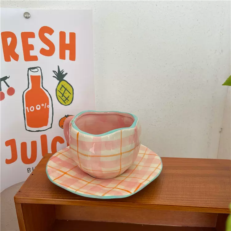 鑫铭新款小清新复古少女心手捏咖啡杯碟下午茶陶瓷杯手绘条纹水杯
