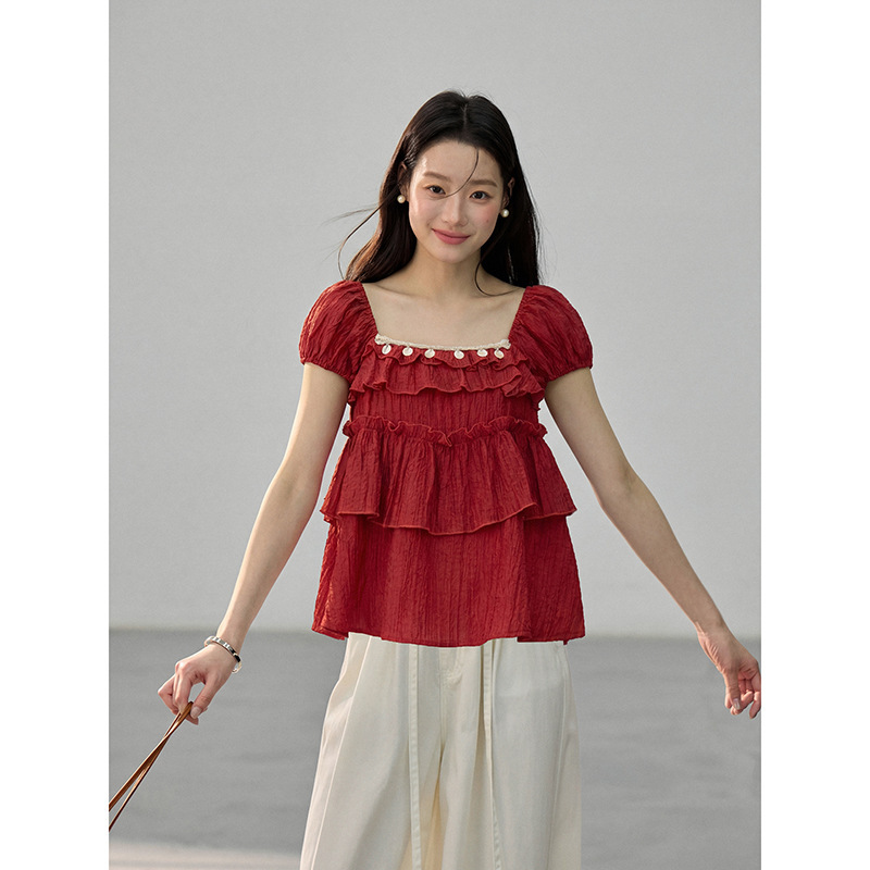 [Geming] Korean-Style Casual Square-Neck Blouse for Women, New Summer Product with Lace Patchwork and Puff Sleeves D1948F