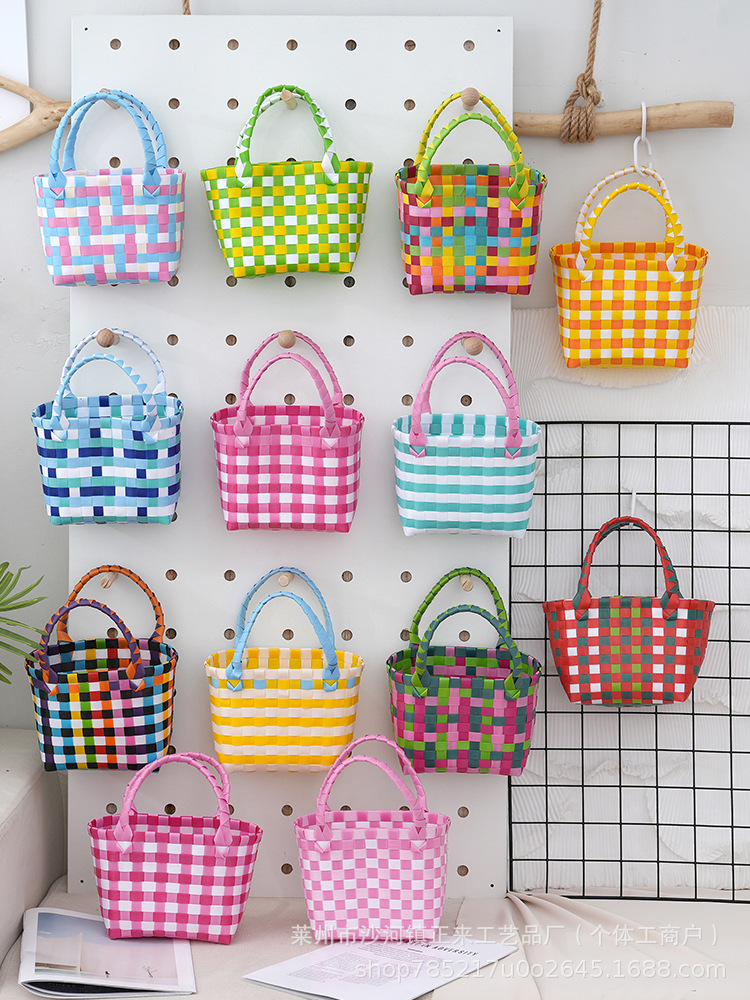 Woven Women's Bag, Simple Handbag, Plastic Woven Bag, Vegetable Basket, Portable Storage, Fashionable and Versatile Cross-Border Small Bag