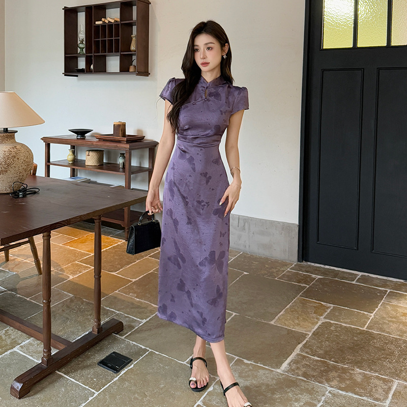 In-Stock Real Shot Qingguang New Chinese-Style Satin Butterfly Dress for Women, Summer Petite Butterfly Modified Cheongsam Long Dress