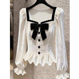 方领衬衫女高级感轻奢减龄洋气绝美高端法式小资白色丝绒上衣冬