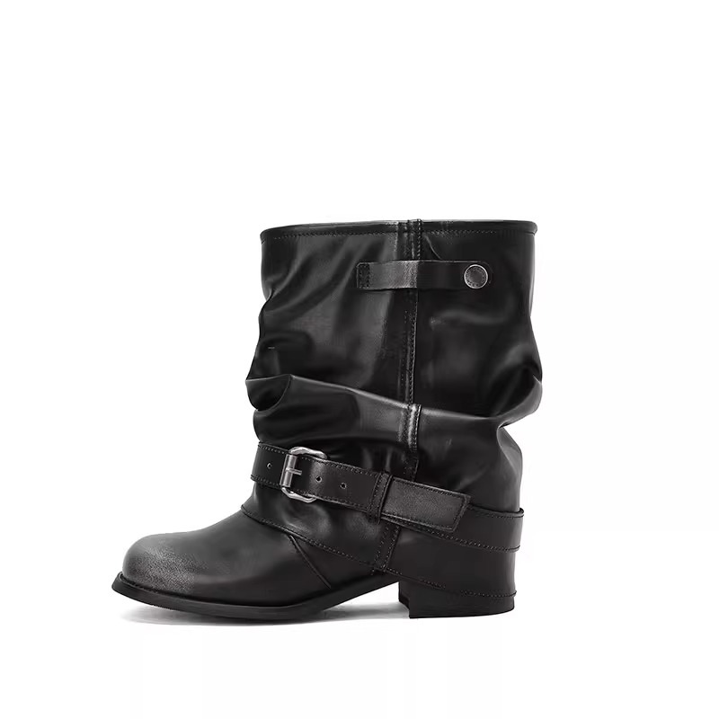 Wide-leg Stacked Pleated Cuff Western Cowboy Chunky Heel Riding Short Boots 2025 Fall/Winter New Style Fashionable And Versatile_voghion.com