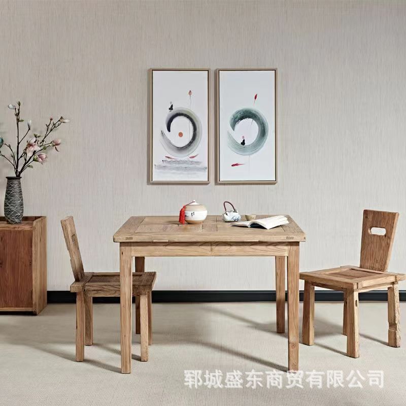 Old Elm Wood Solid Wood Dining Table Old Door Panel New Chinese Dining Table Square Table Tea Table Living Room Dining Table and Chair Combination suit