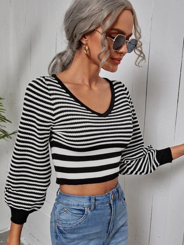 V-neck striped long-sleeved sweater nihaostyles clothing wholesale NSCX90301