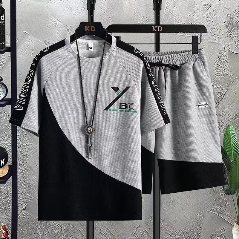 Waffle Casual Set Hombre Verano Juvenil Largo Deportivo de hombre Pantalones cortos de manga corta con un juego de 1 / 2 piezas