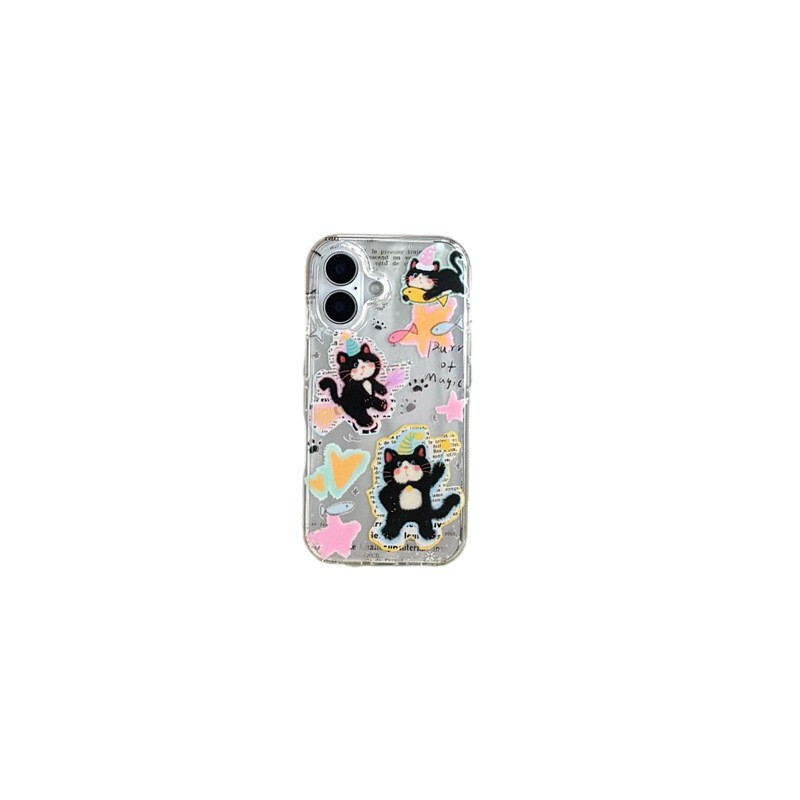 个性涂鸦英文睡帽黑猫咪适用iPhone16苹果15ProMax手机壳14新款女|undefined