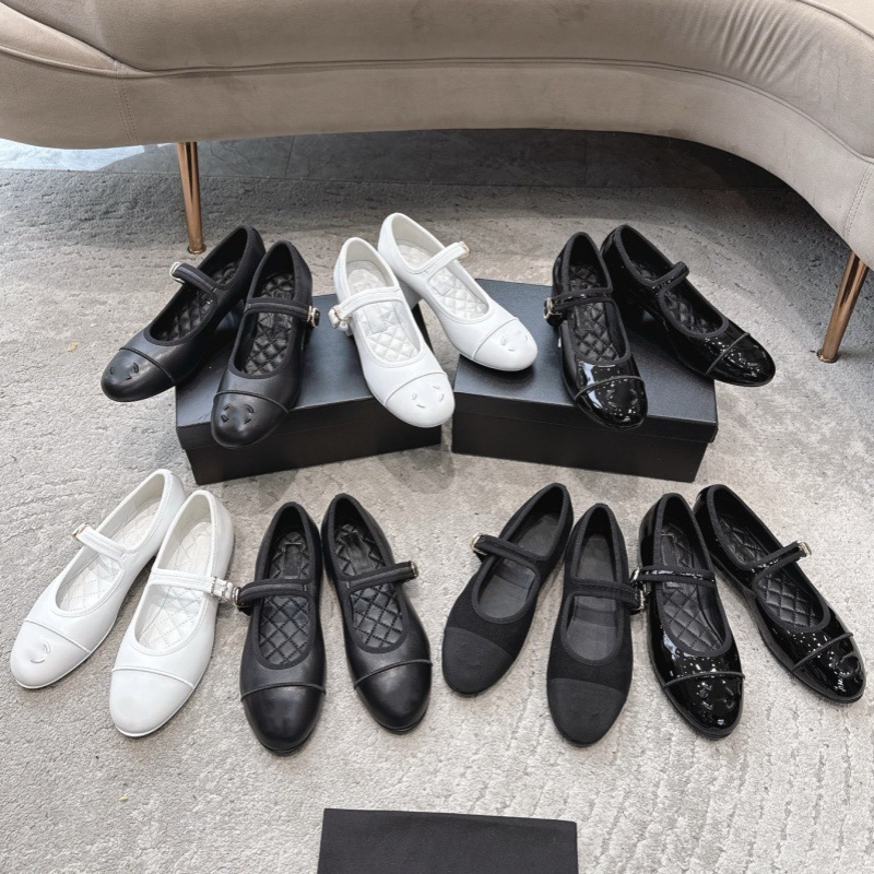 Chanel Style Show Mary Jane Shoes Round-toe Shallow-top Genuine Leather Buckle Flat Mid-heel Ballet Shoes