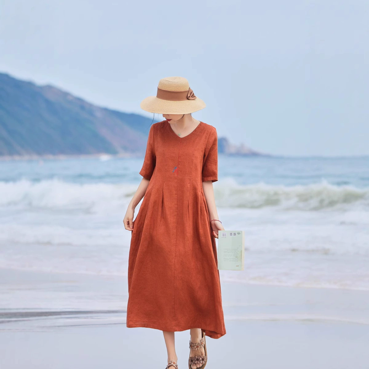 2025 новая оригинальная женская льняная вышивка литературно-художественное платье длинное платье с персиковым воротником