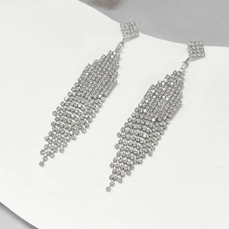 Серебряные серьги Feiyue с кристаллами люстры - блестящие длинные капли, длина 7 см, ширина 4.5 см, высота 4.75 см, вес 26 г