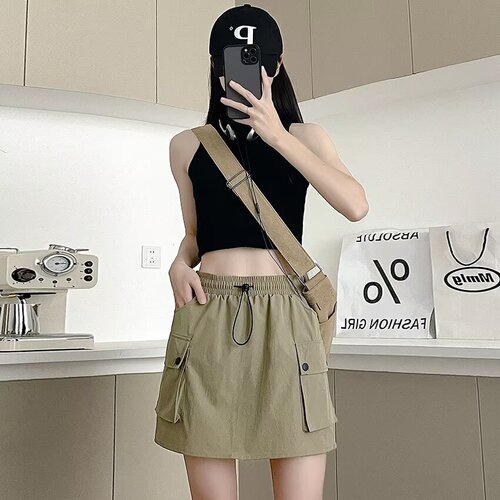 Khaki Workwear Skirt for Women - Summer Thin Model Slimming A-Line Skirt with 5-Foot American Sports Shorts Skirt for Petite Women
