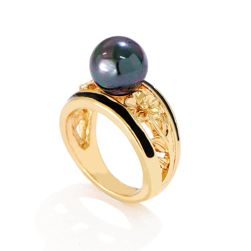 Temperament European Hollow Black Pearl Flower Finger Ring display picture 1