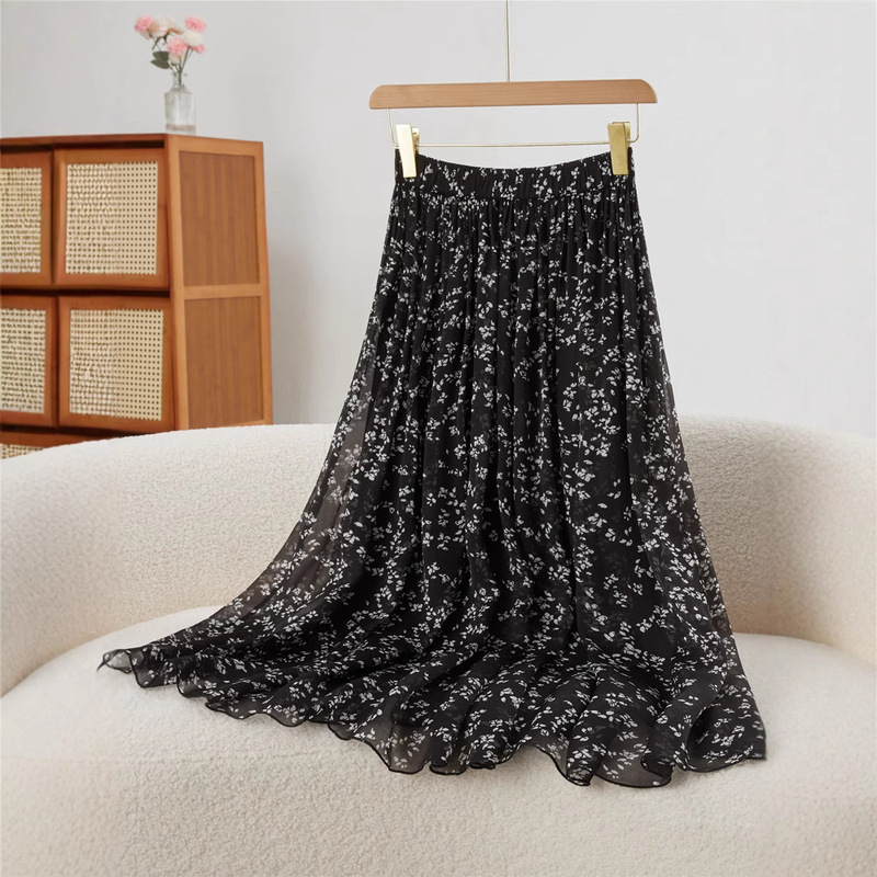 Silk Skirt with Small Floral Print, Holiday Style Mulberry Silk Skirt, High-Waisted Silk Mid-Length Skirt, Beach Skirt