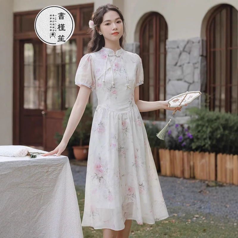 Pure Desire National Style 2025 New Cheongsam Dress Women's Summer Chiffon Temperament Floral Han Dynasty Long Dress Women