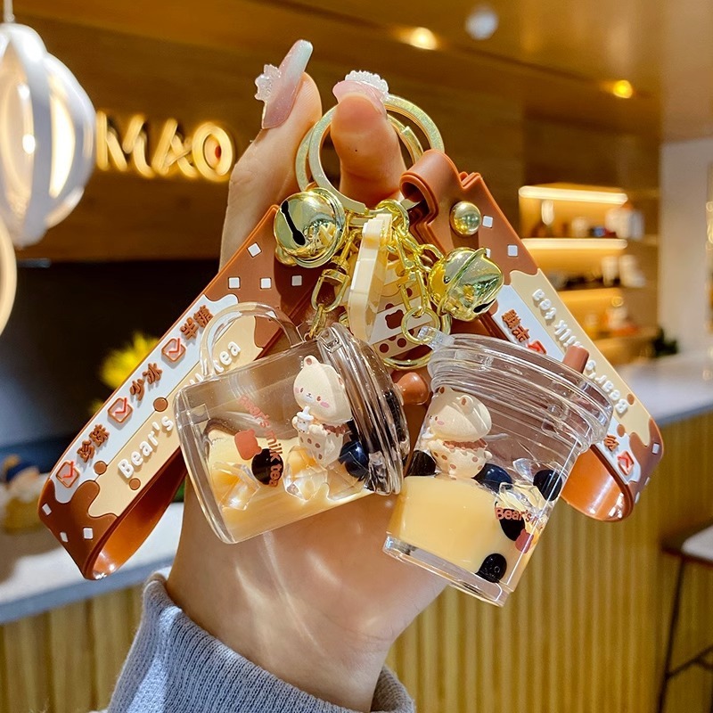 New bubble tea keychain floating small milk bear liquid quicksand bottle pendant couple gift bag hanging ornaments for women