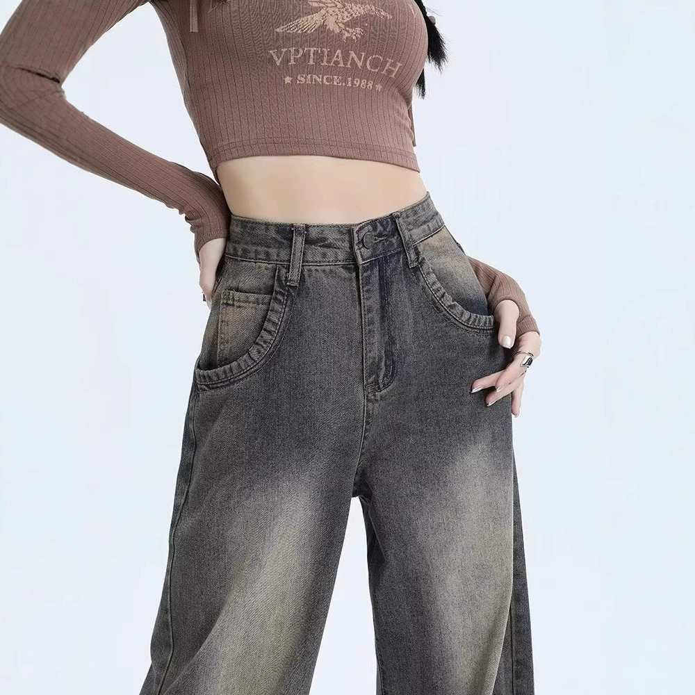 Retro autumn trousers, jeans, high waist, loose straight fit, high-quality style