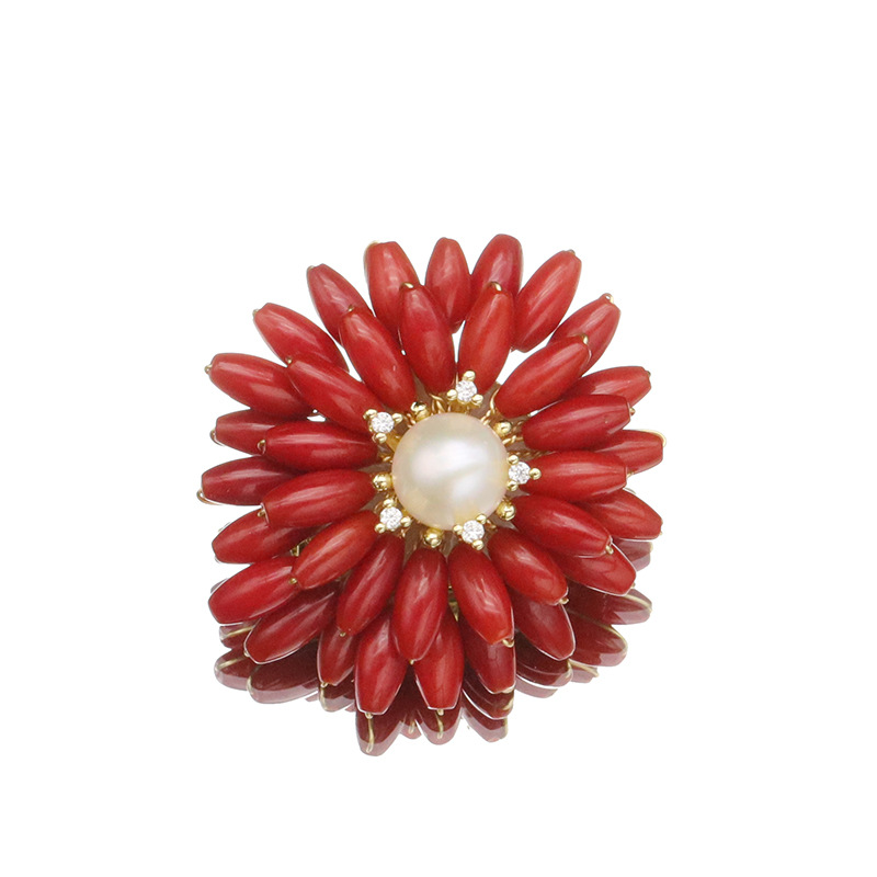 Broche vintage de perlas naturales de agua dulce con diseño de girasol, flor de bambú marino, estilo Chanel, hecho a mano, para Navidad.