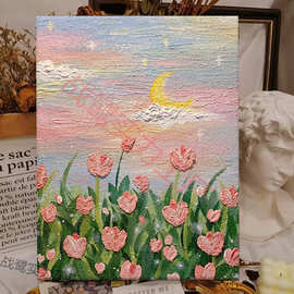 奶油花卉月亮玫瑰肌理画数字油画治愈风景石英砂手绘填充装饰