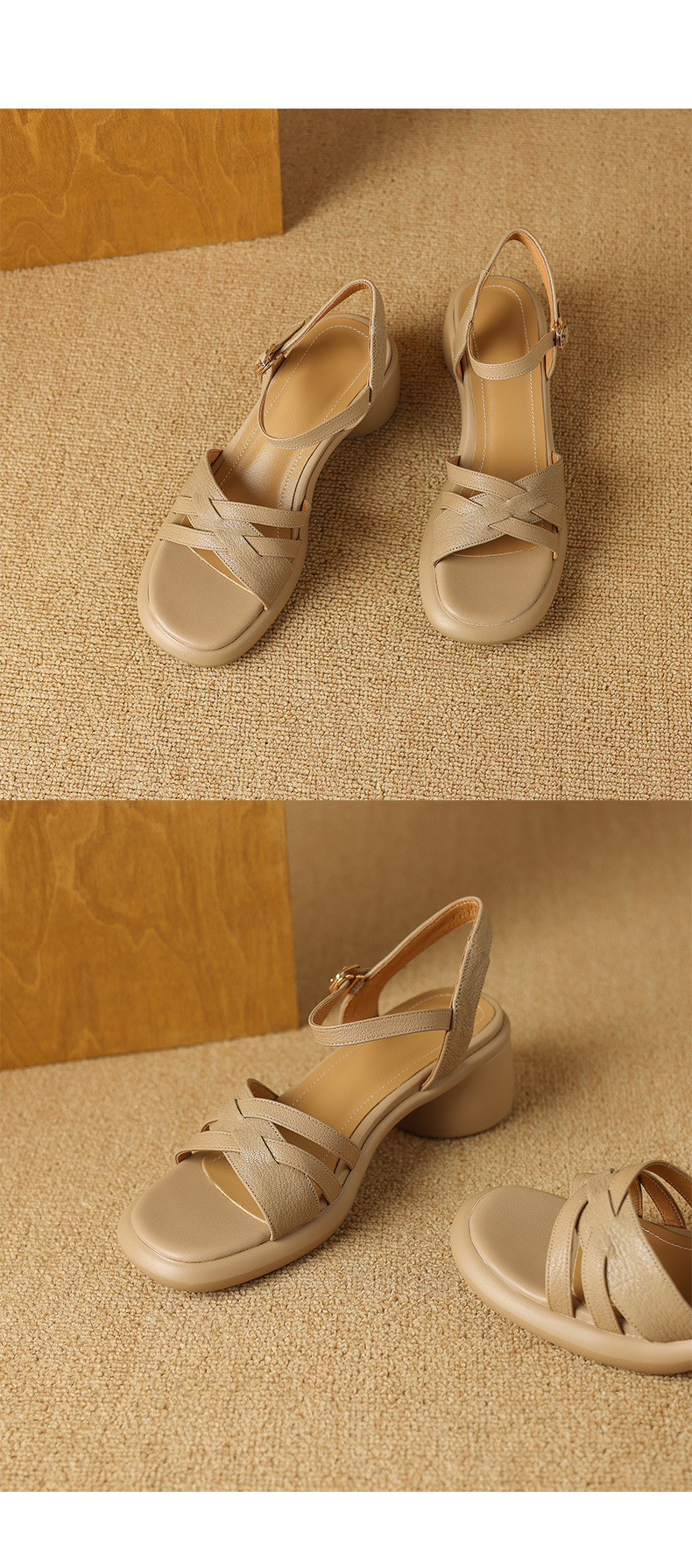 Sandal nữ quai ngang hở mũi da cừu đế dày gót thô 7 cm — Màu trắng be chi tiết 17